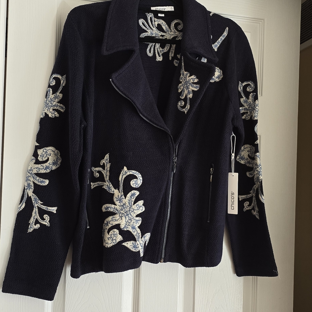 Chico's Navy Embroidered Zip-Front Jacket